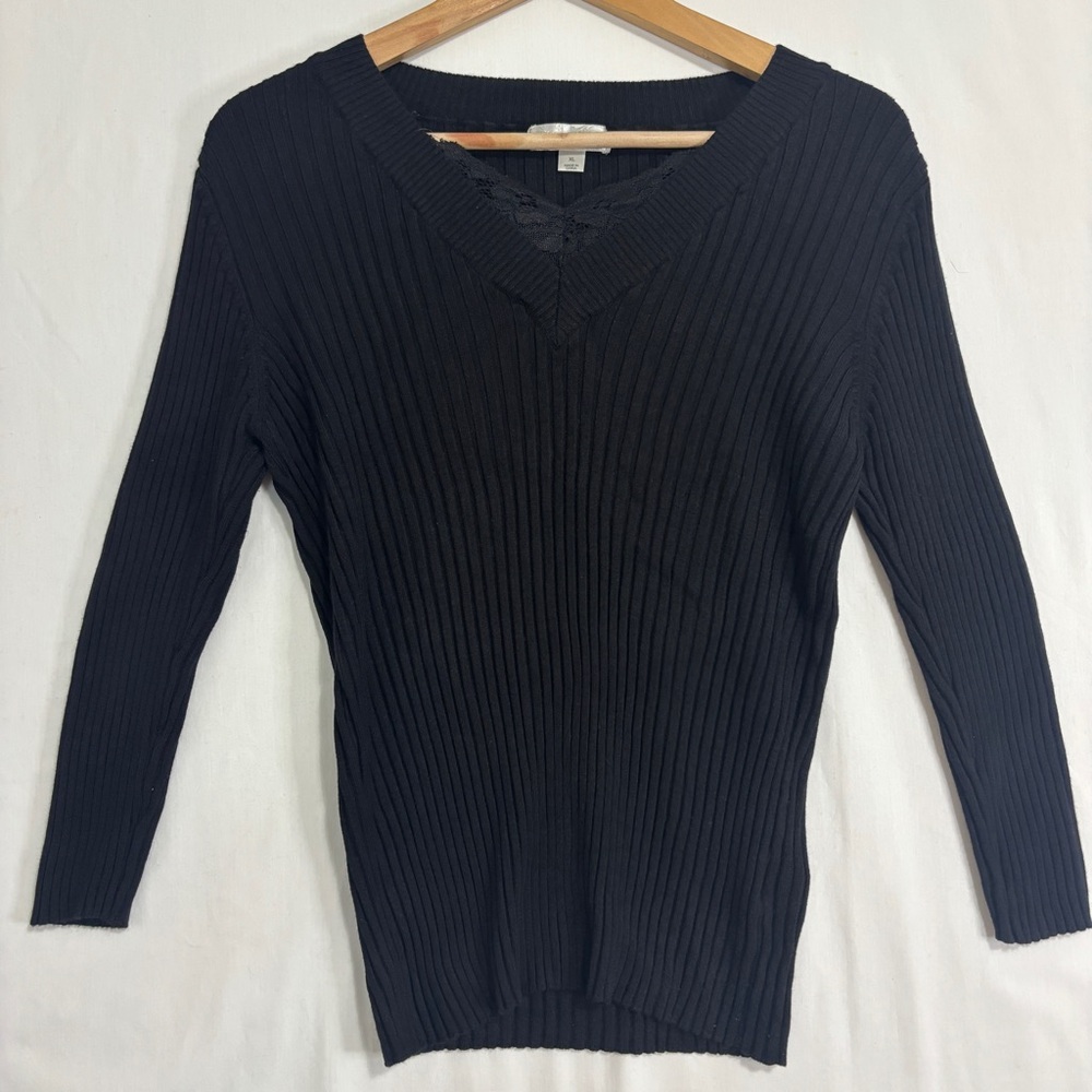 Dressbarn Ribbed Sweater Womens XL Fitted Black Lace‎ Neckline Stretch Y2K Party